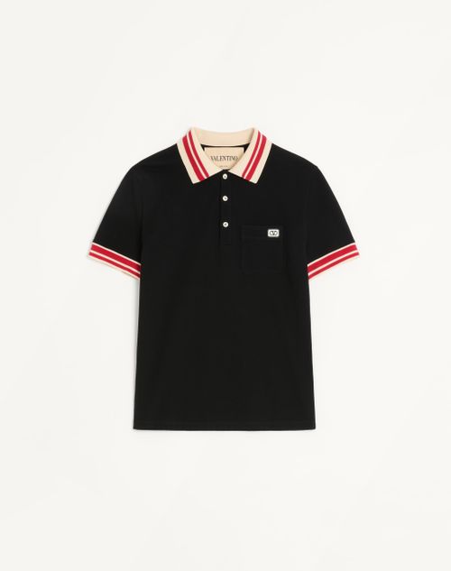 Valentino - Cotton Piqué Polo Shirt With Vlogo Patch - Black - Man - T-shirts And Sweatshirts